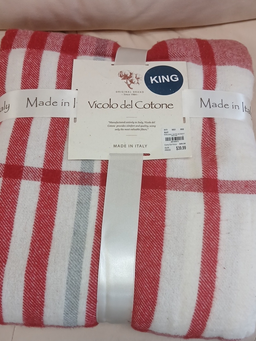Vicolo del Cotone King Size Cotton Red & White Striped Blanket